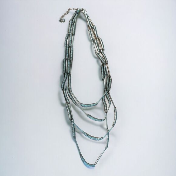 🔴 Heishi bead necklace silver toned multi strand tribal 20"-22" - Picture 1 of 8